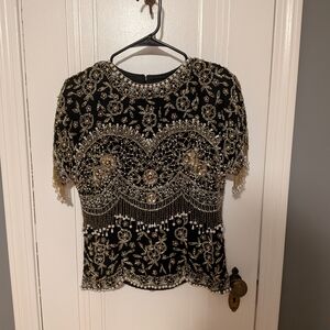 Vintage Black Beaded Silk Evening Top with Pearl Fringe | Size S